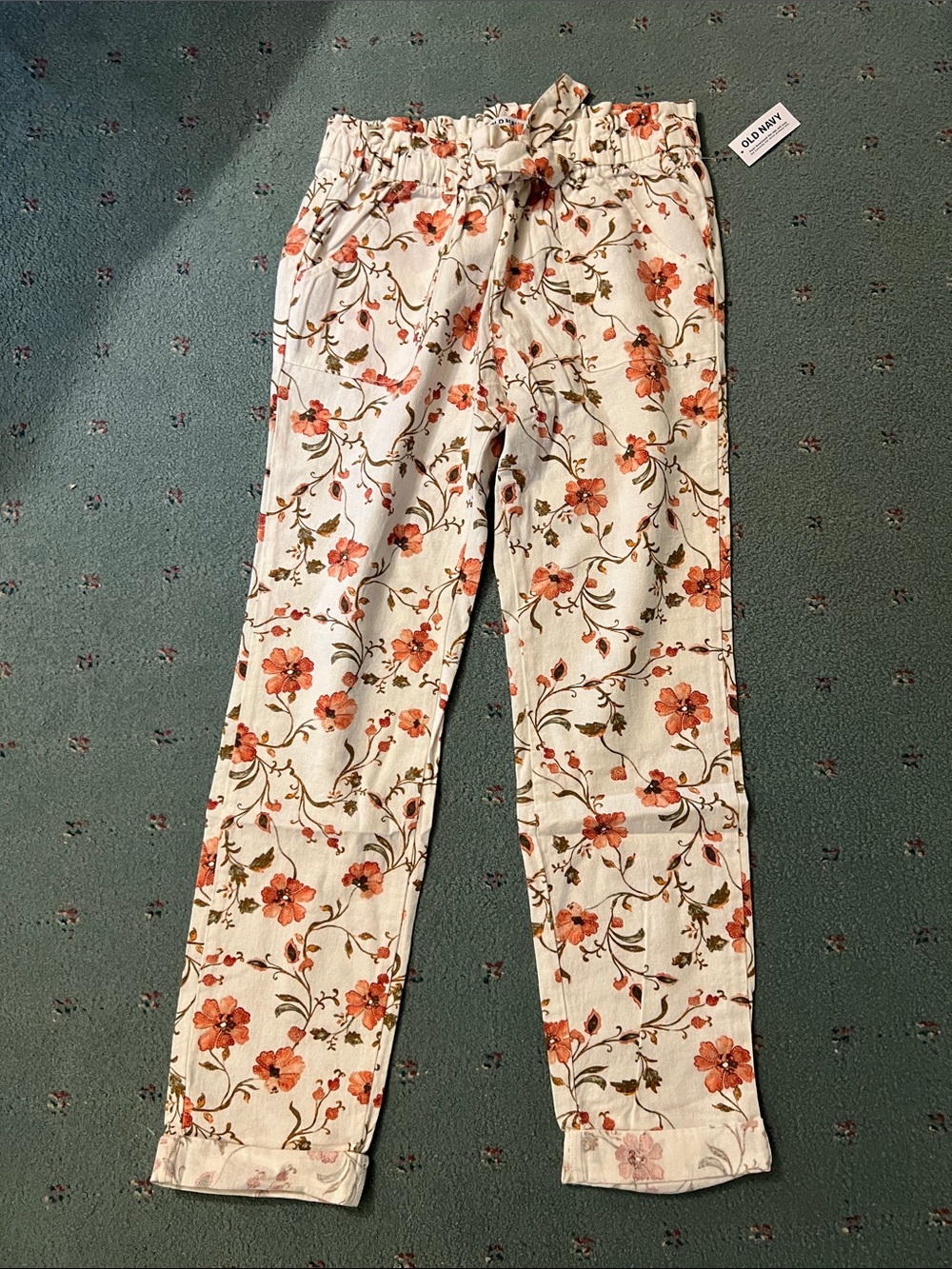 Old Navy Cream Floral Drawstring Pants with Coral Blooms - Picture 4 of 7